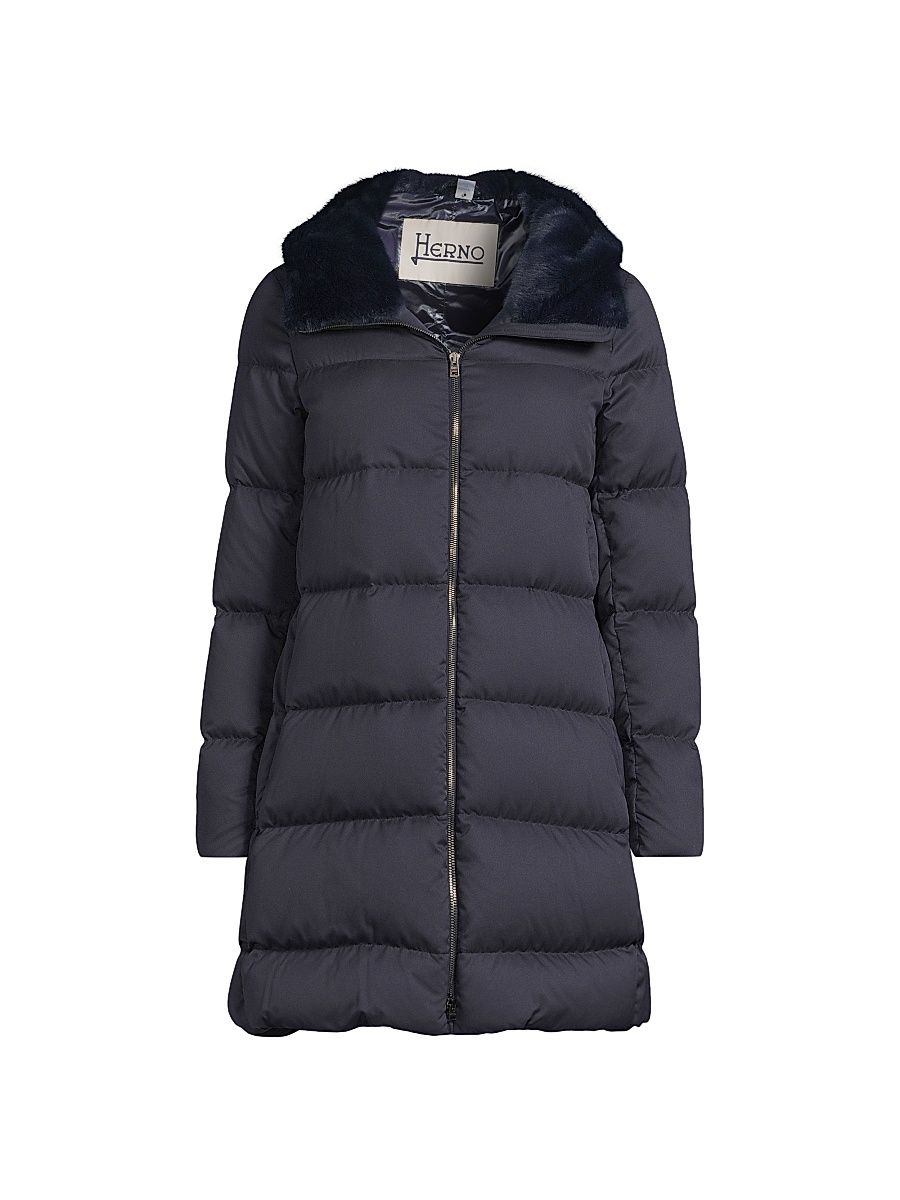 Women's Quilted Faux Fur-Trim A-Line Coat - Navy - Size 4