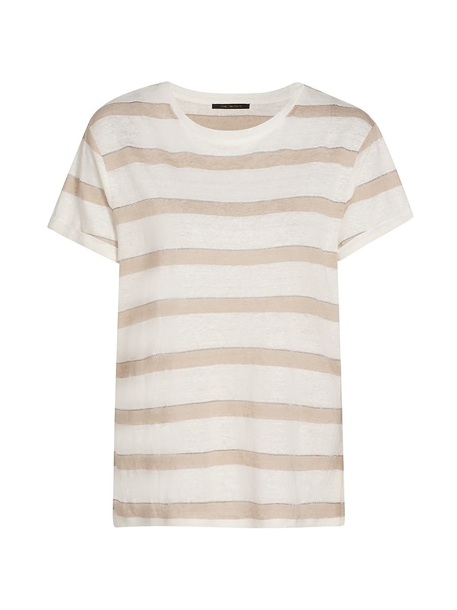 Women's Kendall Metallic Striped Linen T-Shirt - Beige Ivory - Size XXL