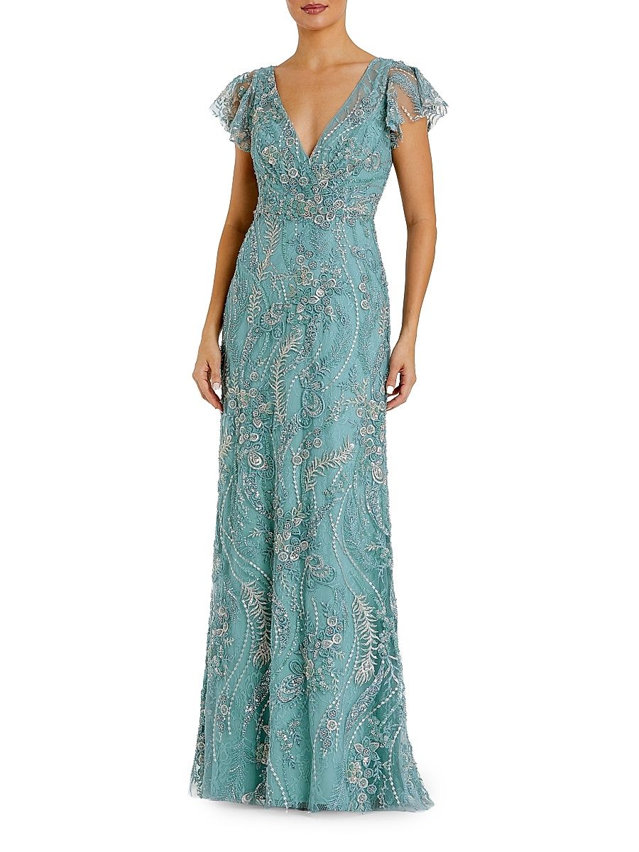 Women's Embroidered Sequined Gown - Seafoam - Size 16