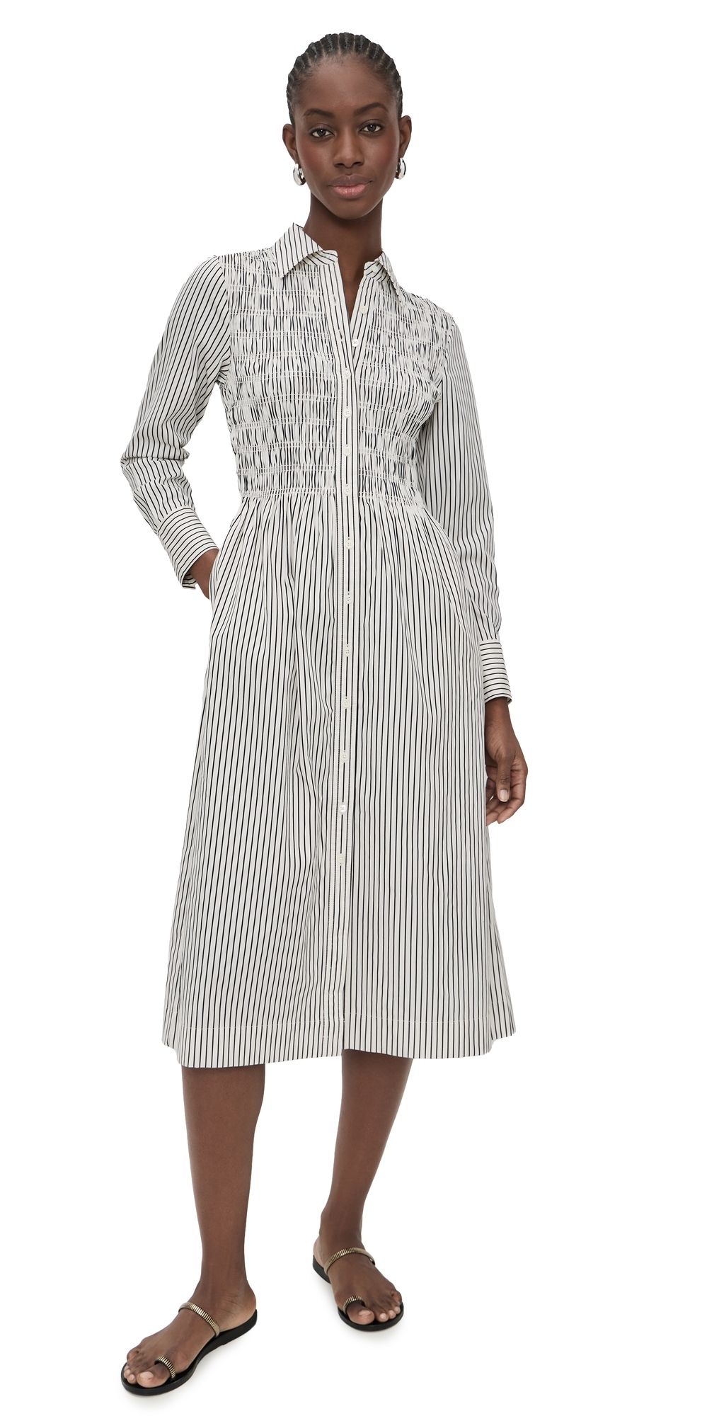 Madewell Smocked Midi Shirt Dress White Black Stripe XS