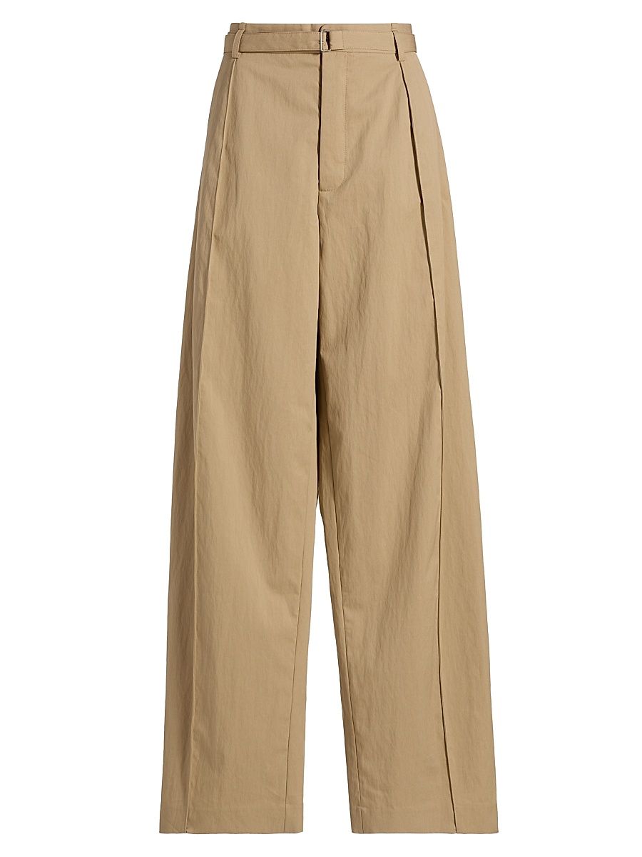 Women's Pleated Cotton-Blend Wide-Leg Pants - Camel - Size 12