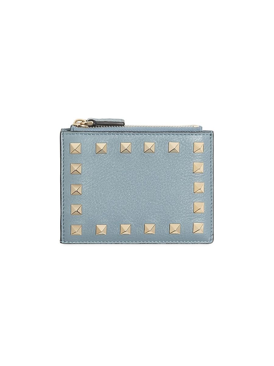 Women's Rockstud Grainy Calfskin Cardholder with Zipper - Stone
