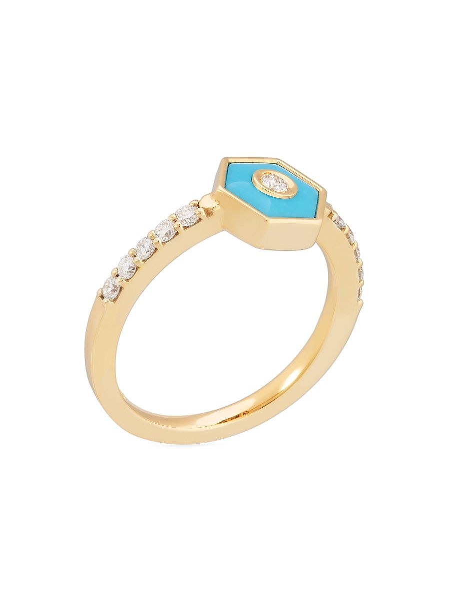 Women's Baia 18K Yellow Gold, Turquoise & 0.39 TCW Diamond Ring - Yellow Gold - Size 7