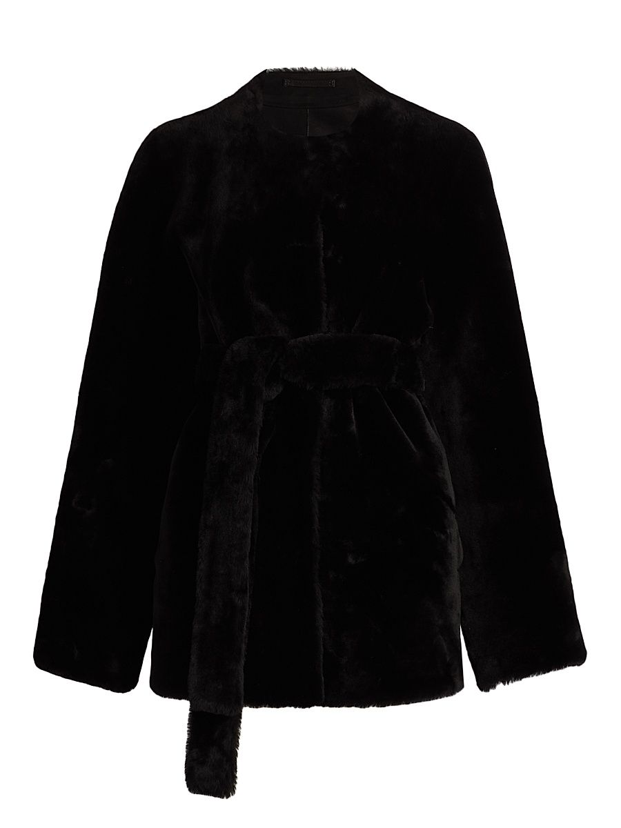 Women's Plush Shearling Tie-Waist Jacket - Black - Size 10
