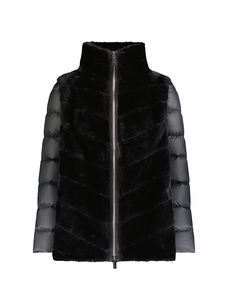 Women's Shearling Lamb Jacket with Quilted Sleeves - Black - Size Large