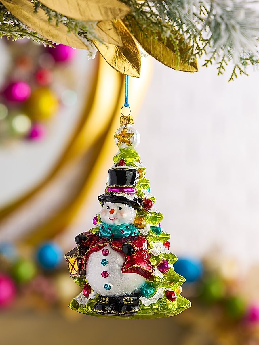 Snowman With Lantern By The Tree Glass Ornament