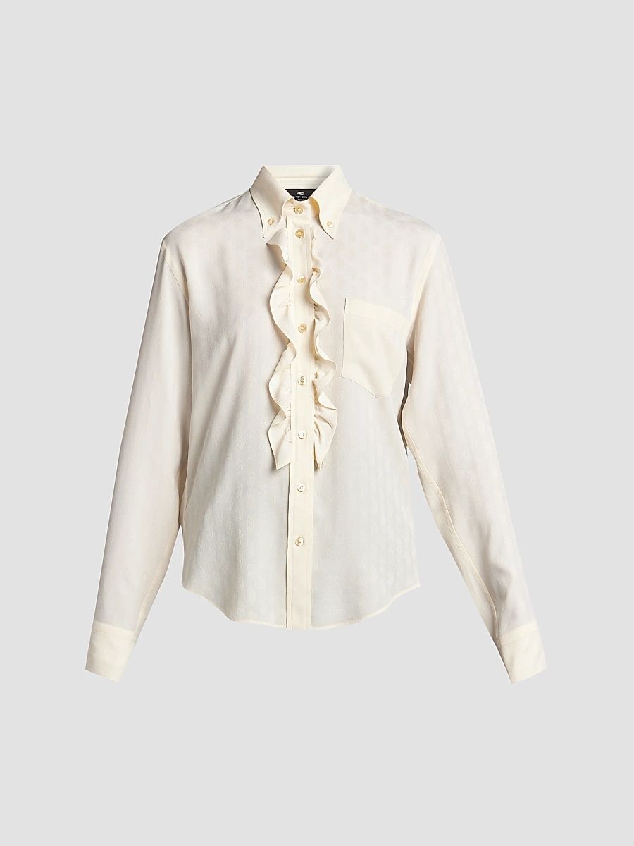 Etro Women's Ruffle Placket Silk-Blend Shirt - Beige - Size 8