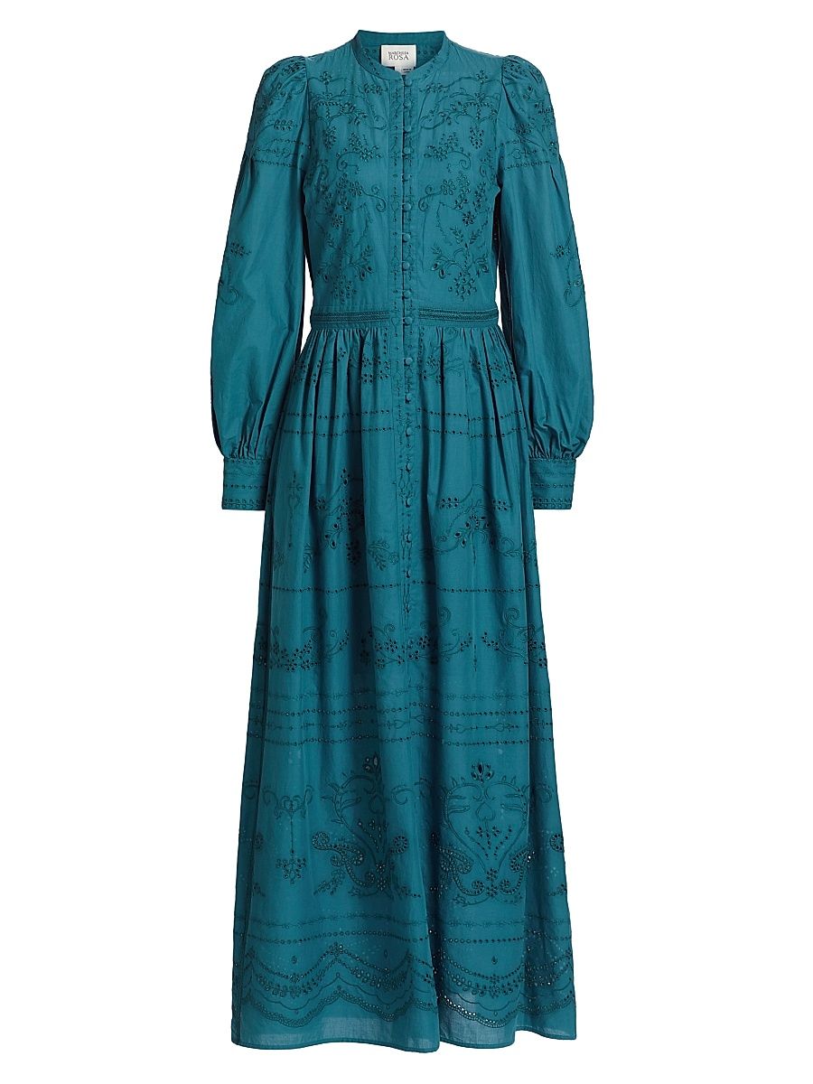 Women's Embroidered Cotton Voile Maxi Dress - Teal - Size 12