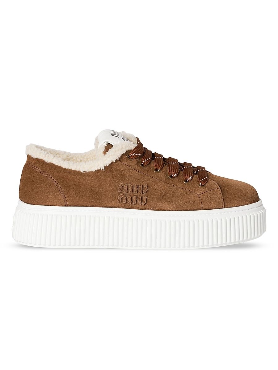 Women's Suede and Shearling Sneakers - Brown - Size 11