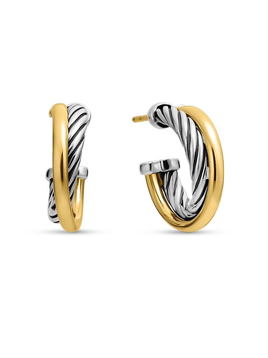 Women's Crossover Hoop Earrings in Sterling Silver with 18K Yellow Gold, 17MM - Silver