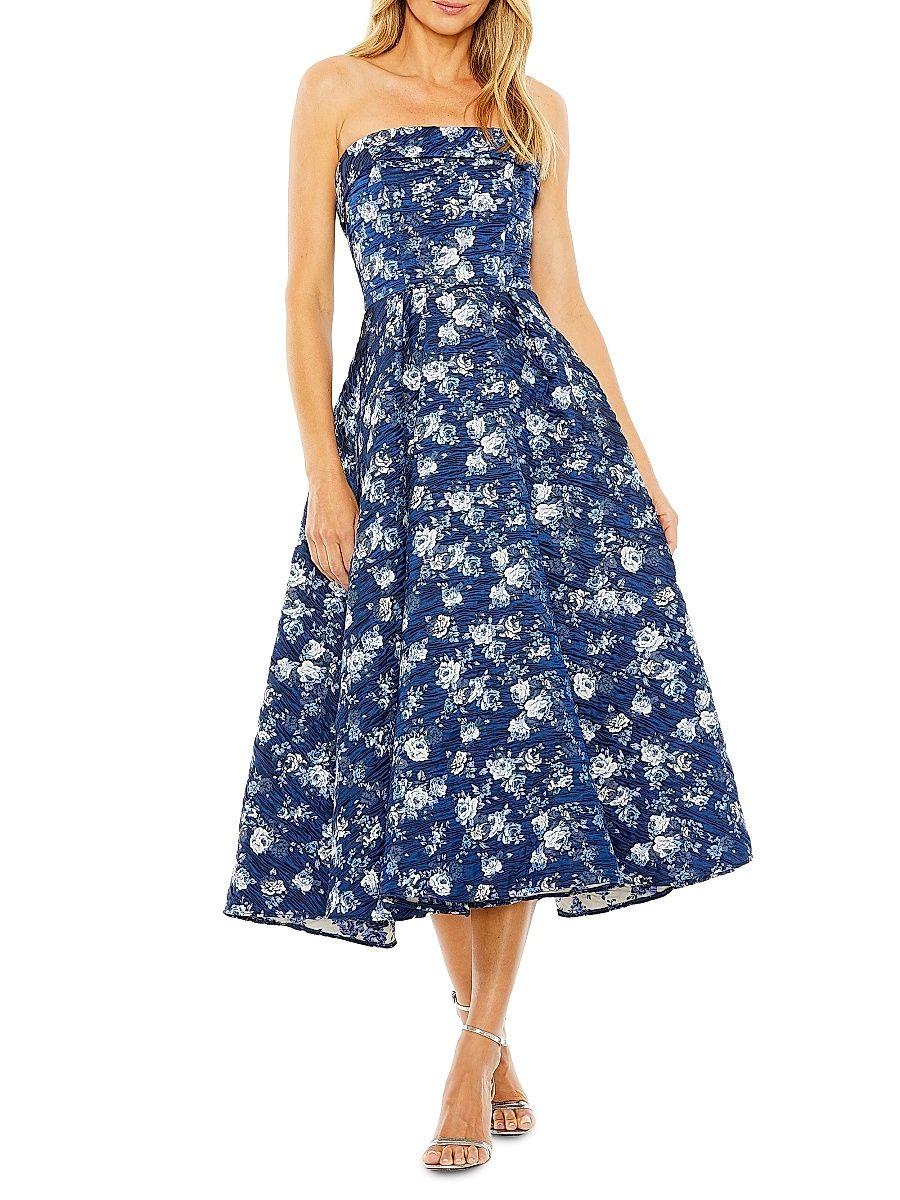 Women's Floral Brocade Midi-Dress - Blue Multi - Size 16
