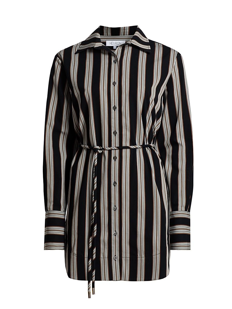 Women's Abby Striped Cotton Poplin Tie-Waist Shirtdress - Black Stripe - Size Small