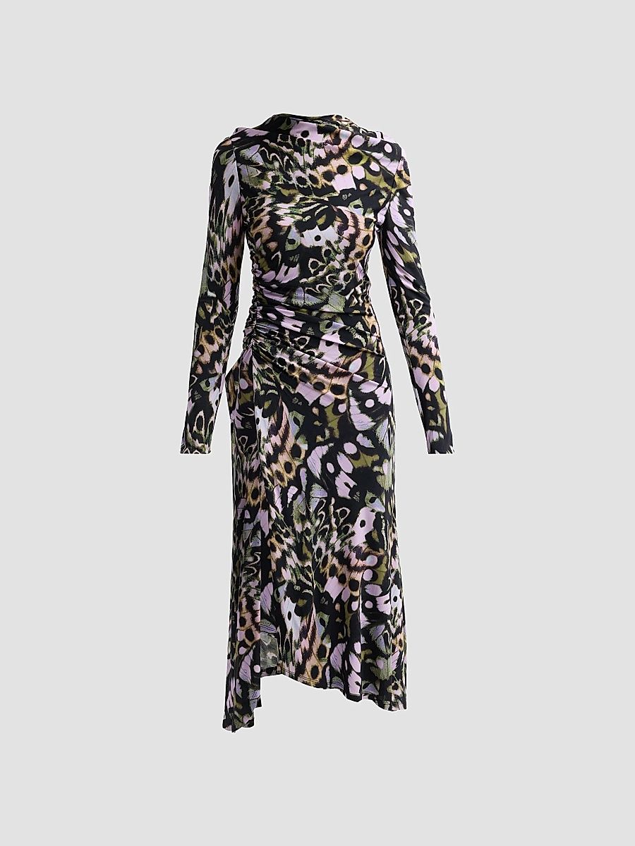 AMUR Women's Isabella Printed Asymmetric-Hem Midi Dress - Metamorphosis - Size 6