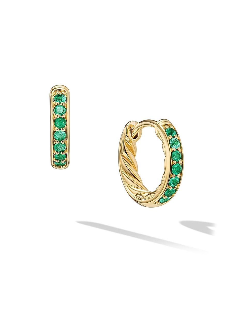 Women's Petite Pavé Huggie Hoop Earrings in 18K Yellow Gold - Emerald