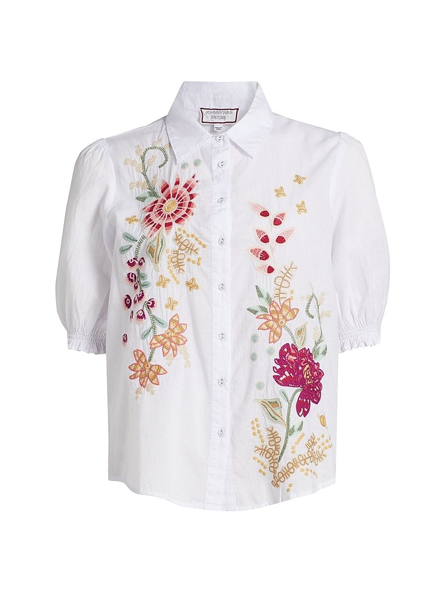 Women's Lisbon Embroidered Cotton Shirt - White - Size XL