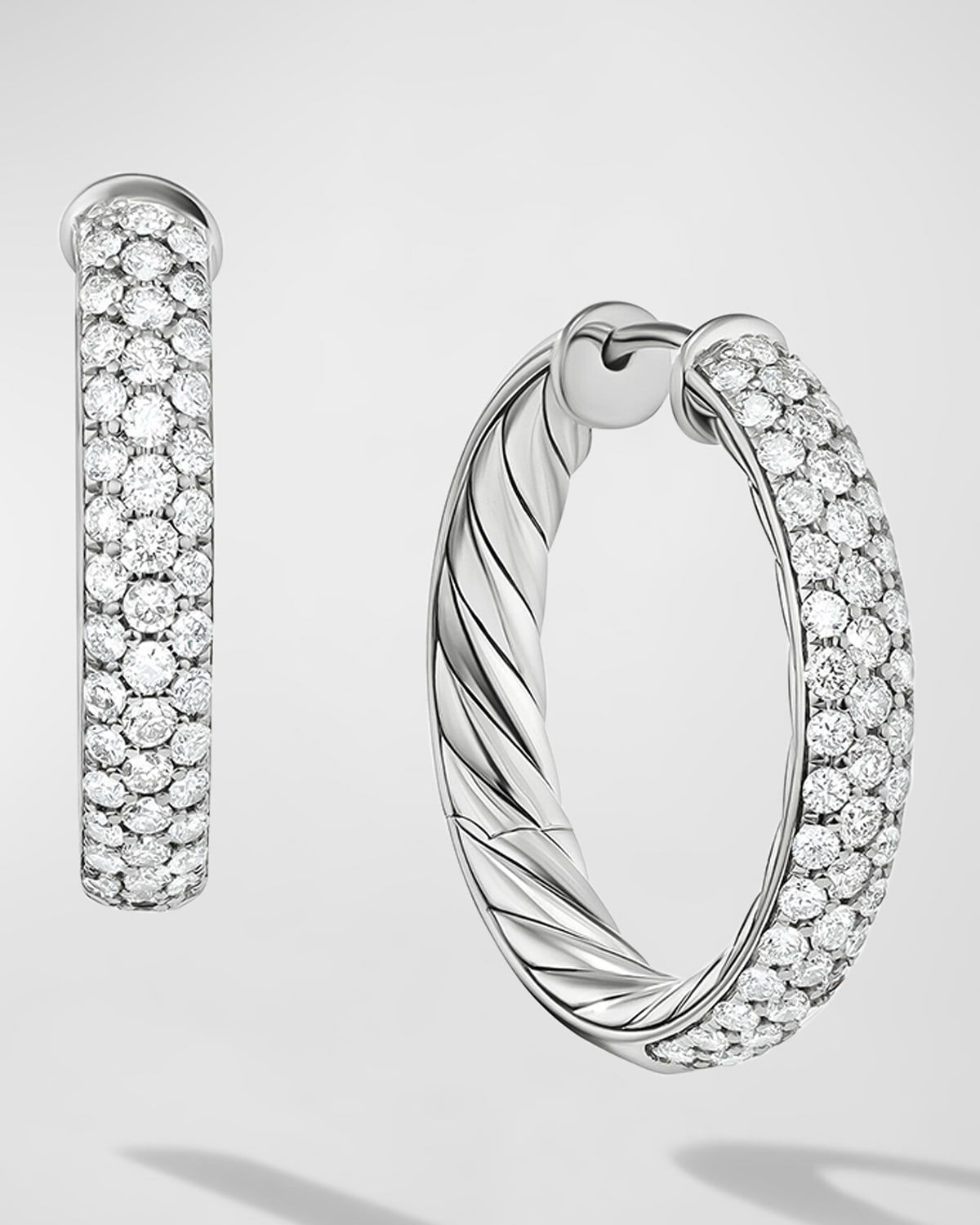 Sculpted Cable Hoop Earrings with Diamonds in Silver, 5mm, 1"L