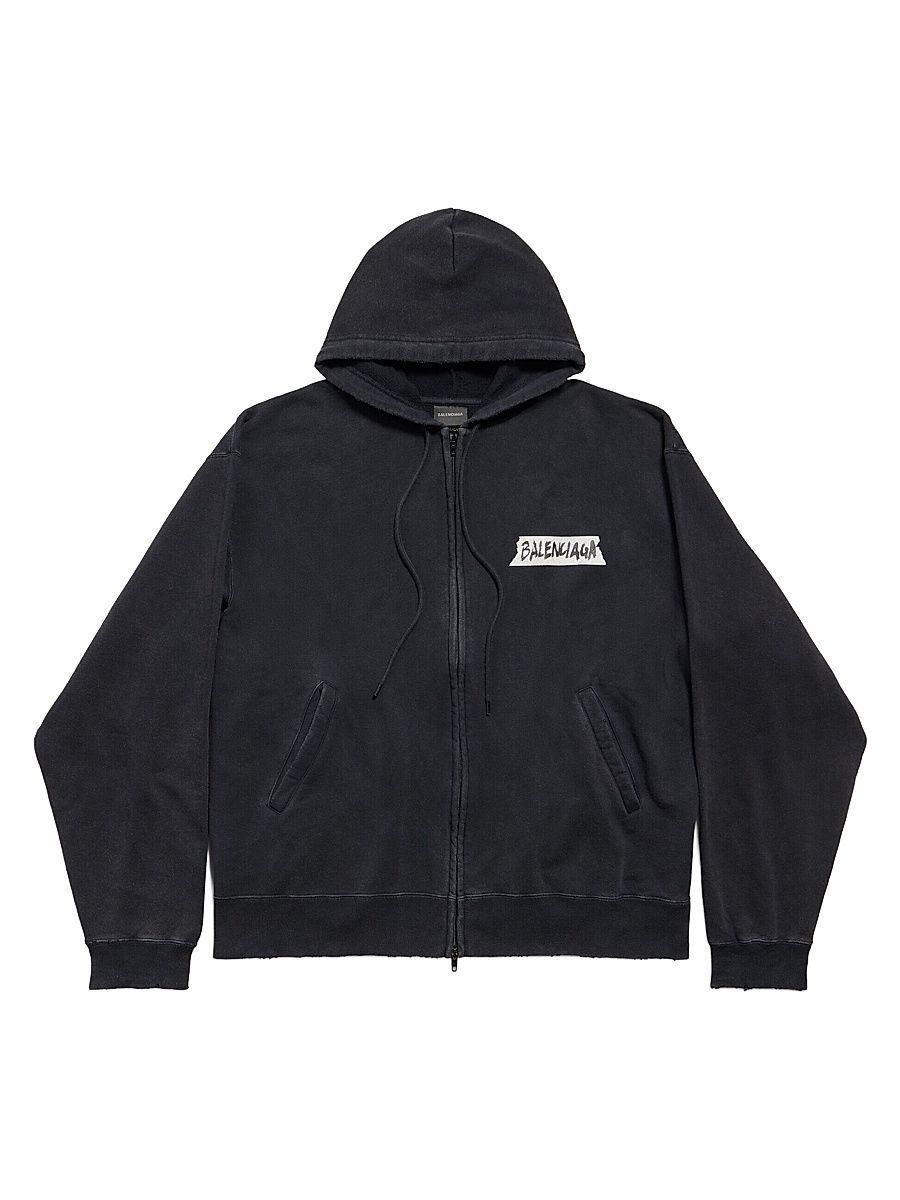 Men's Masking Tape Oversized Zip-Up Hoodie - Faded Black - Size XXL