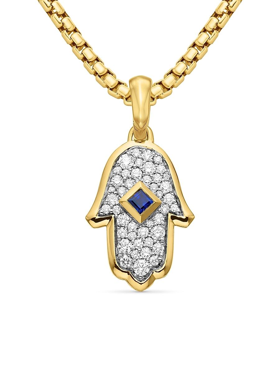 Women's Hamsa Amulet in 18K Yellow Gold with Pavé Diamonds and Blue Sapphire, 26MM - Light Blue Sapphire