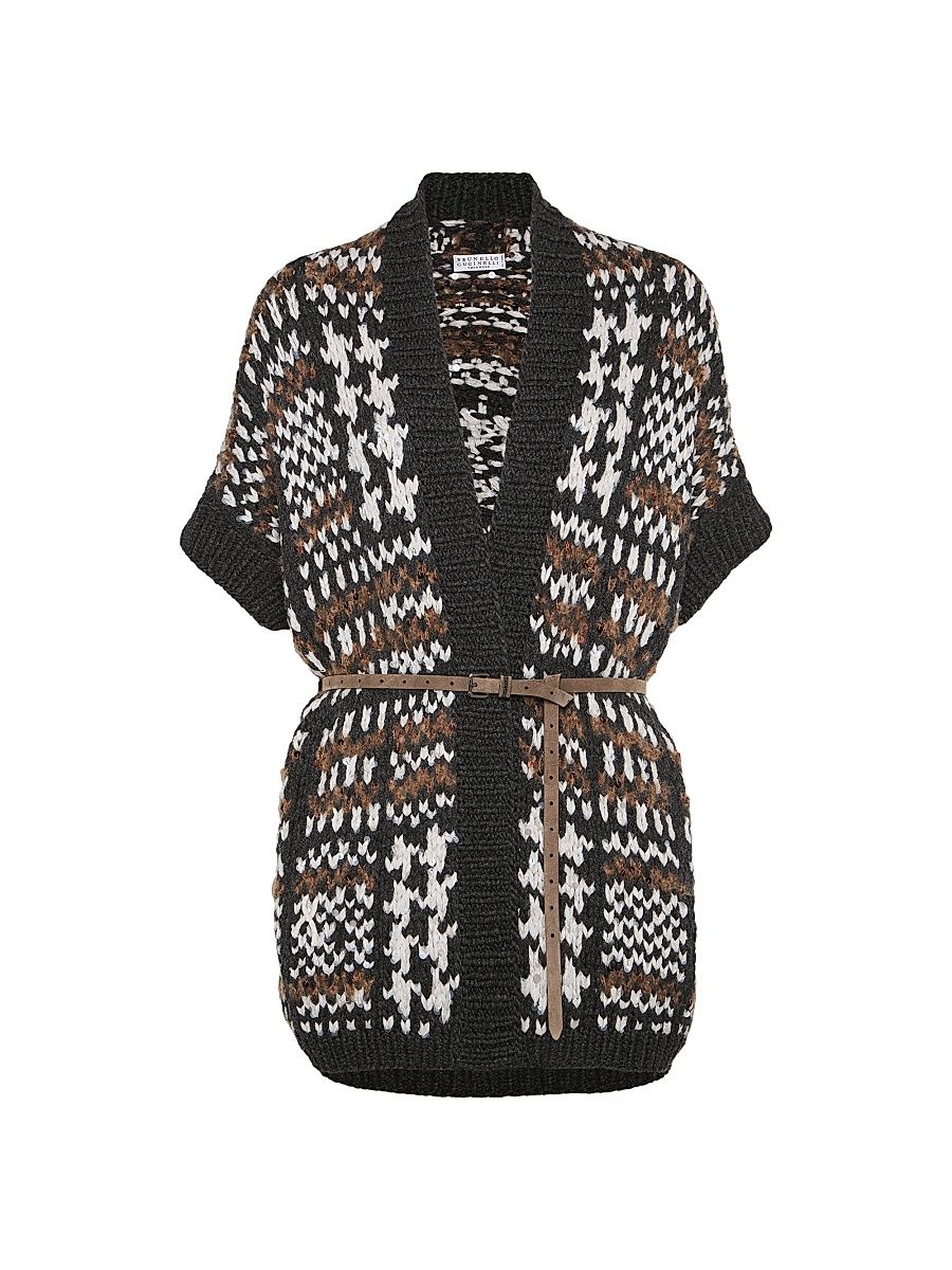 Women's Handmade Prince of Wales Opera Cardigan in Cashmere Cotton and Alpaca with Belt - Grey - Size XL