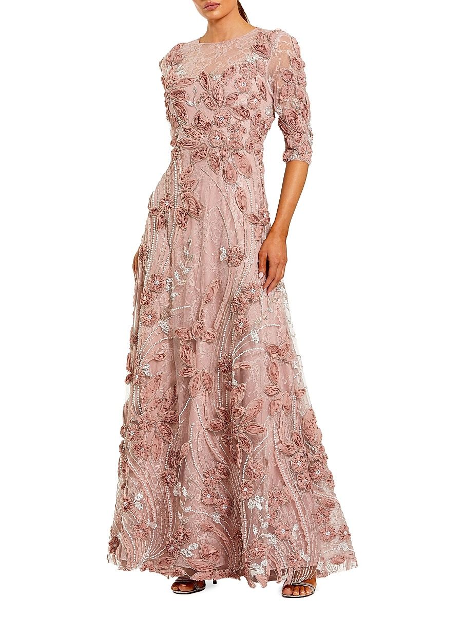 Women's Petite Floral Embroidered A-Line Gown - Mocha - Size Petite 10