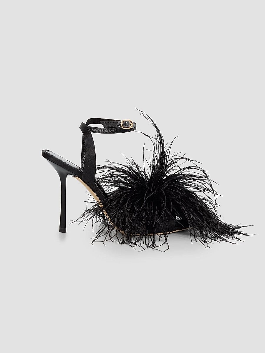 Stuart Weitzman Women's Boa 100MM Feather-Accent Satin Sandals - Black - Size 7.5