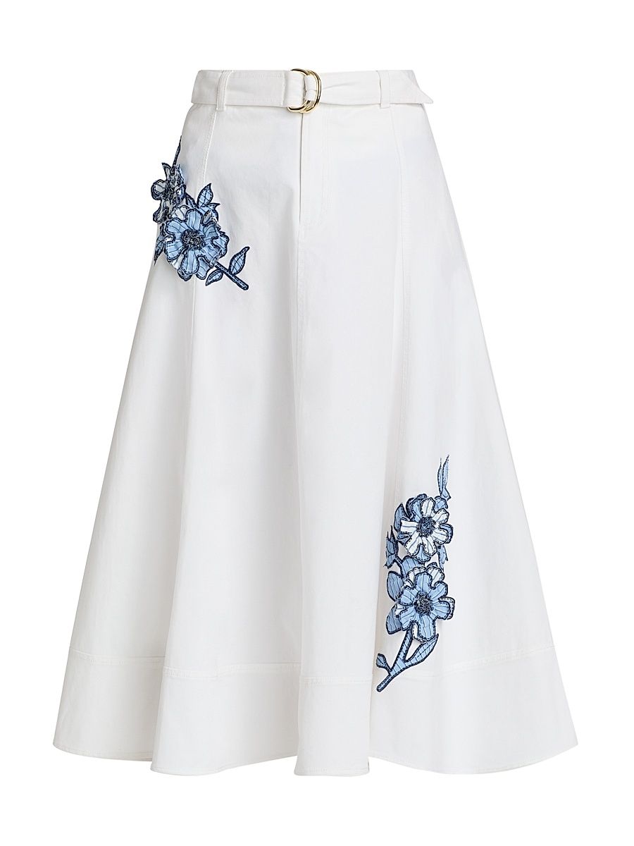 Women's Samara Striped Floral Appliqué Midi-Skirt - White Multi - Size 12