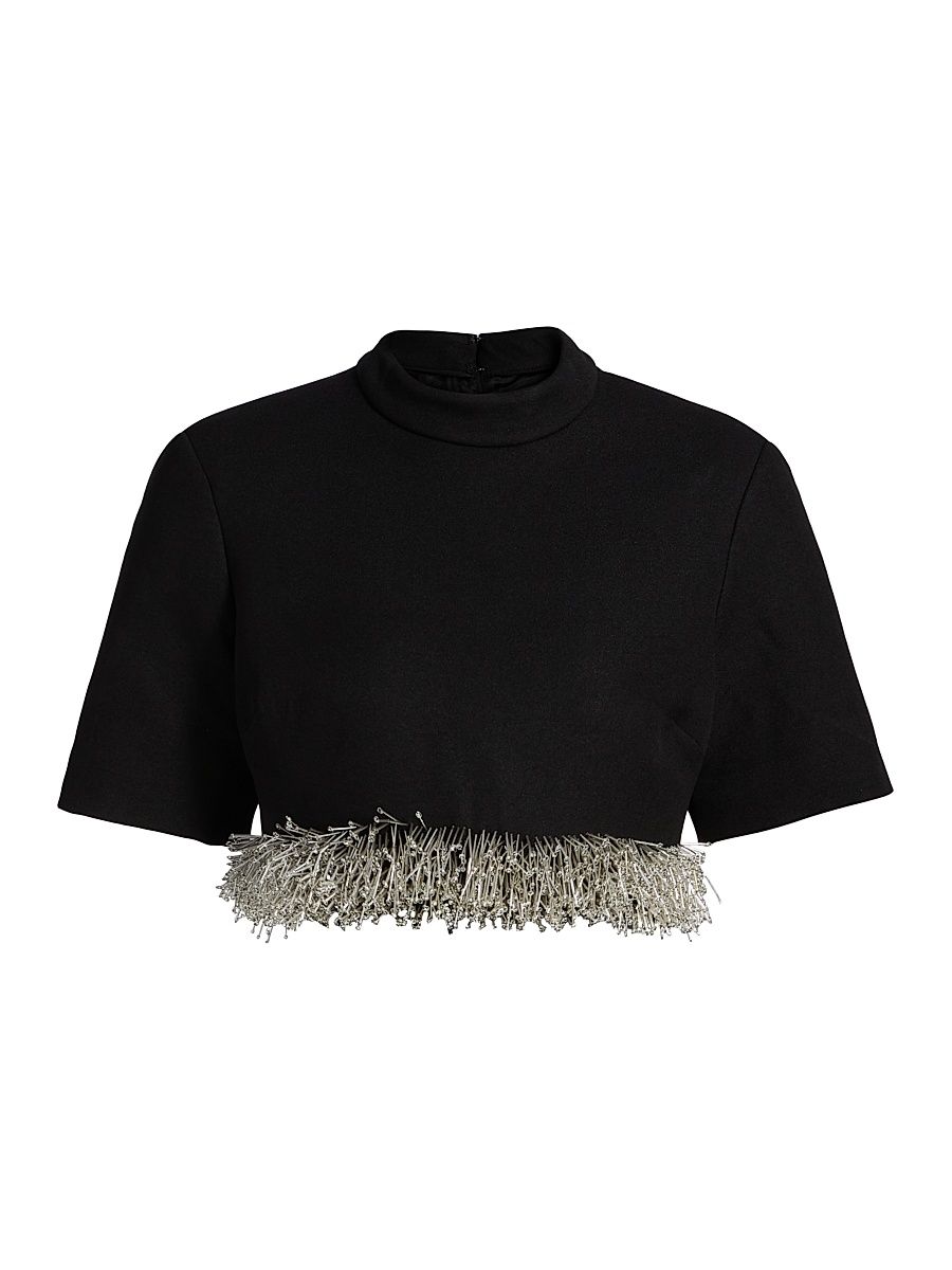 Women's Jalen Beaded Fringe Cropped Top - Black - Size 14