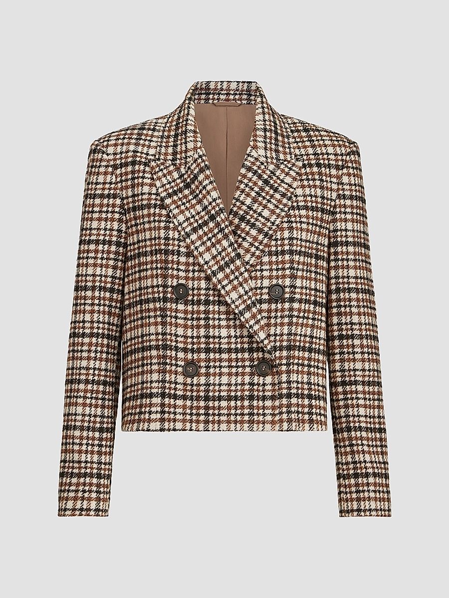 Women's Comfort Checked Wool and Alpaca Blazer with Monili - Brown - Size 4