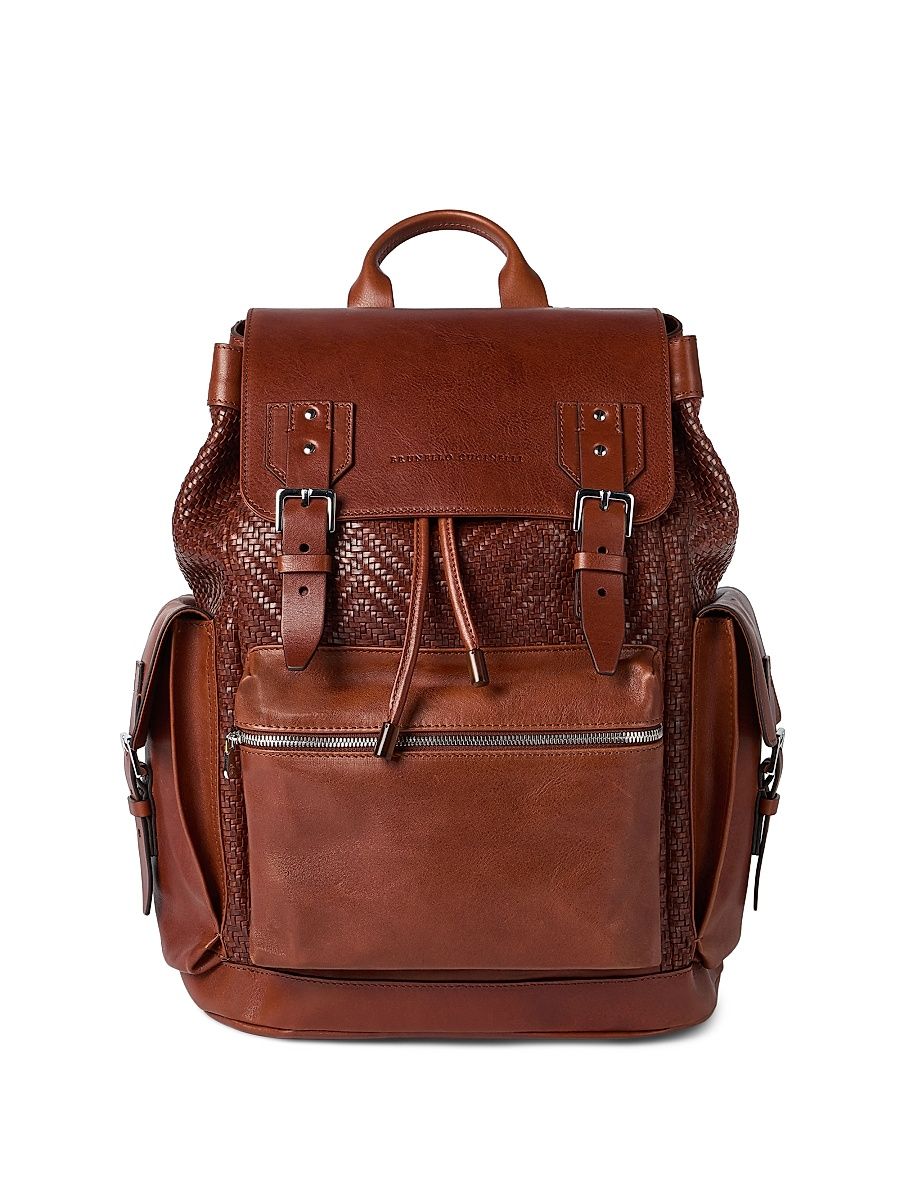 Men's Braided Calfskin and Cowhide City Backpack - Cognac