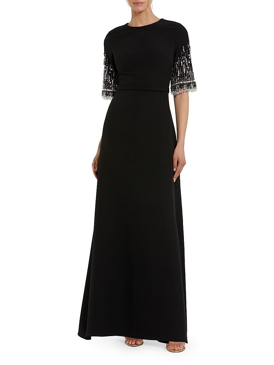 Women's Crêpe Beaded-Sleeve A-Line Gown - Black - Size 12