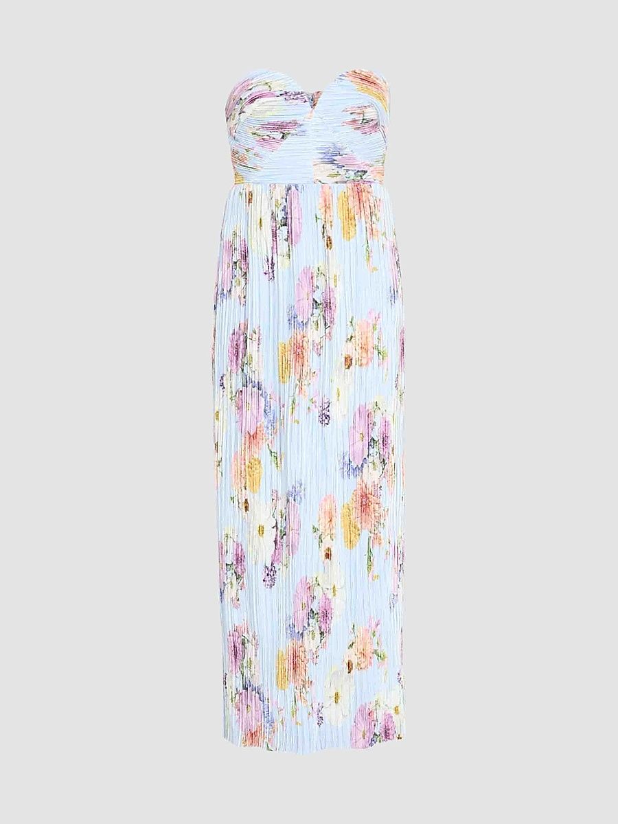 Women's Calla Floral Pleated Strapless Gown - Blue Dahlias - Size XXL