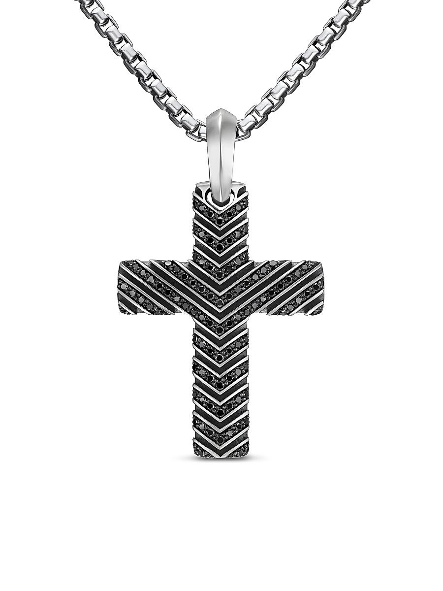 Men's Chevron Cross Pendant in Sterling Silver - Black Diamond