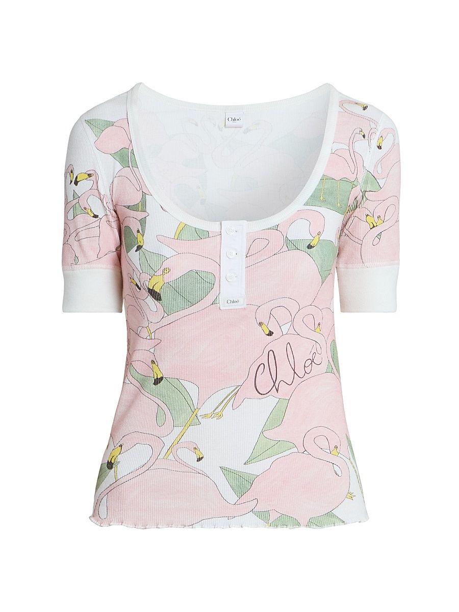 Women's Flamingo-Print Rib-Knit Cotton Top - Iconic Milk - Size XS