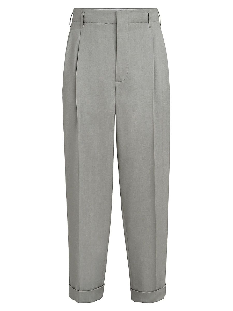 Men's Linen, Virgin Wool and Mohair Gabardine Trousers with Double Pleats - Khaki - Size 46