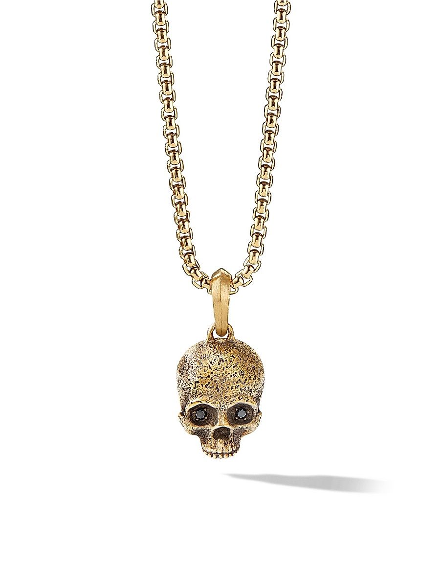 Men's Memento Mori Skull Amulet in 18K Yellow Gold with Pave Black Diamonds, 18MM - Black Diamond
