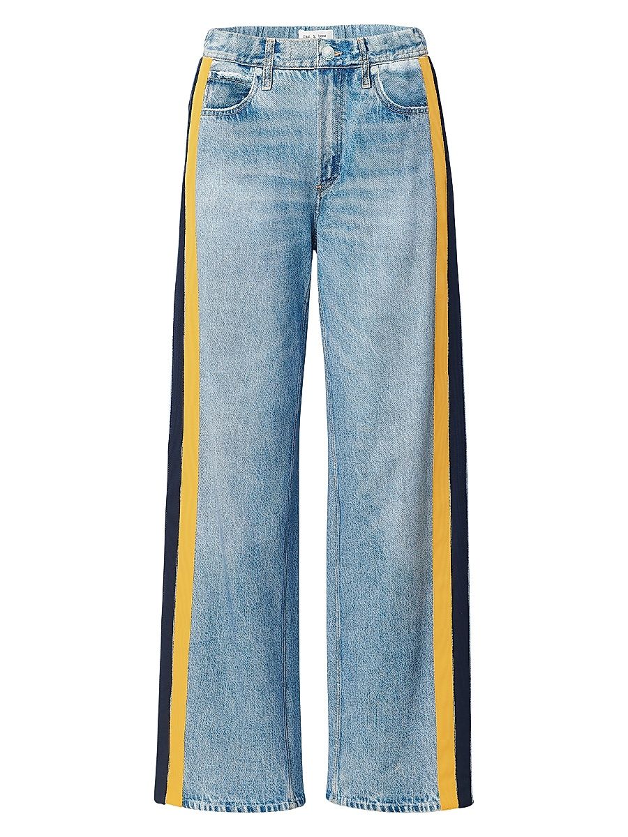 Women's Miramar Terry Cotton Wide-Leg Track Pants - Valentina Yellow Navy Stripe - Size Medium