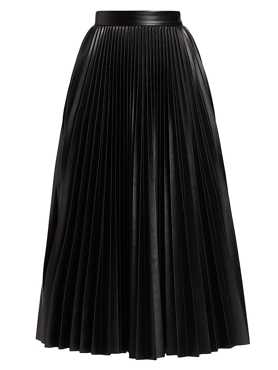 Women's Pleated Faux Leather Midi-Skirt - Black - Size 10