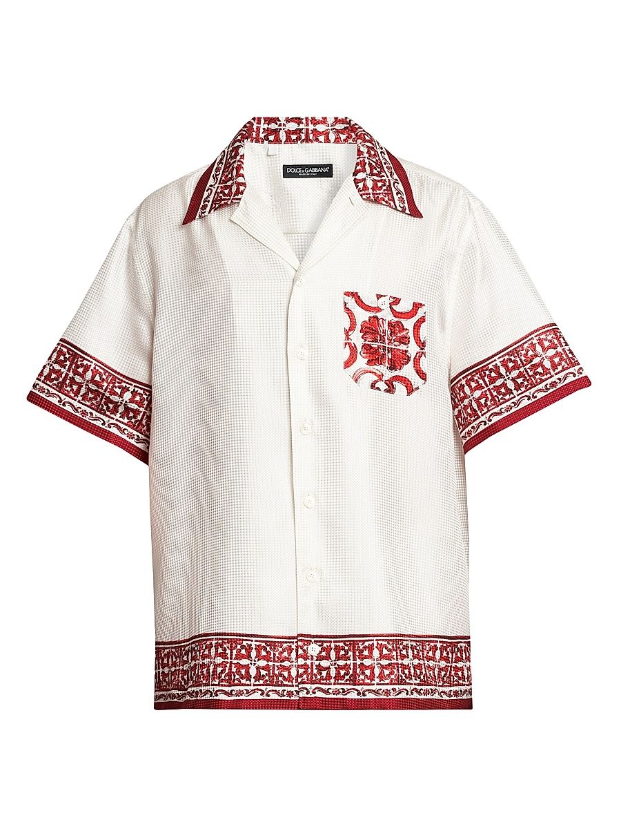 Men's Printed Silk Jacquard Twill Short-Sleeve Shirt - Maiolica Rubino - Size 15.75