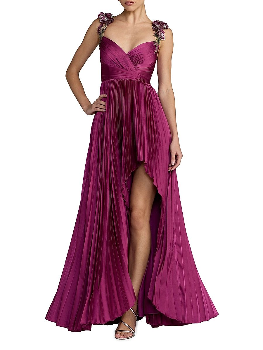 Women's Flower-Strap Pleated Charmeuse High-Low Gown - Magenta - Size 14