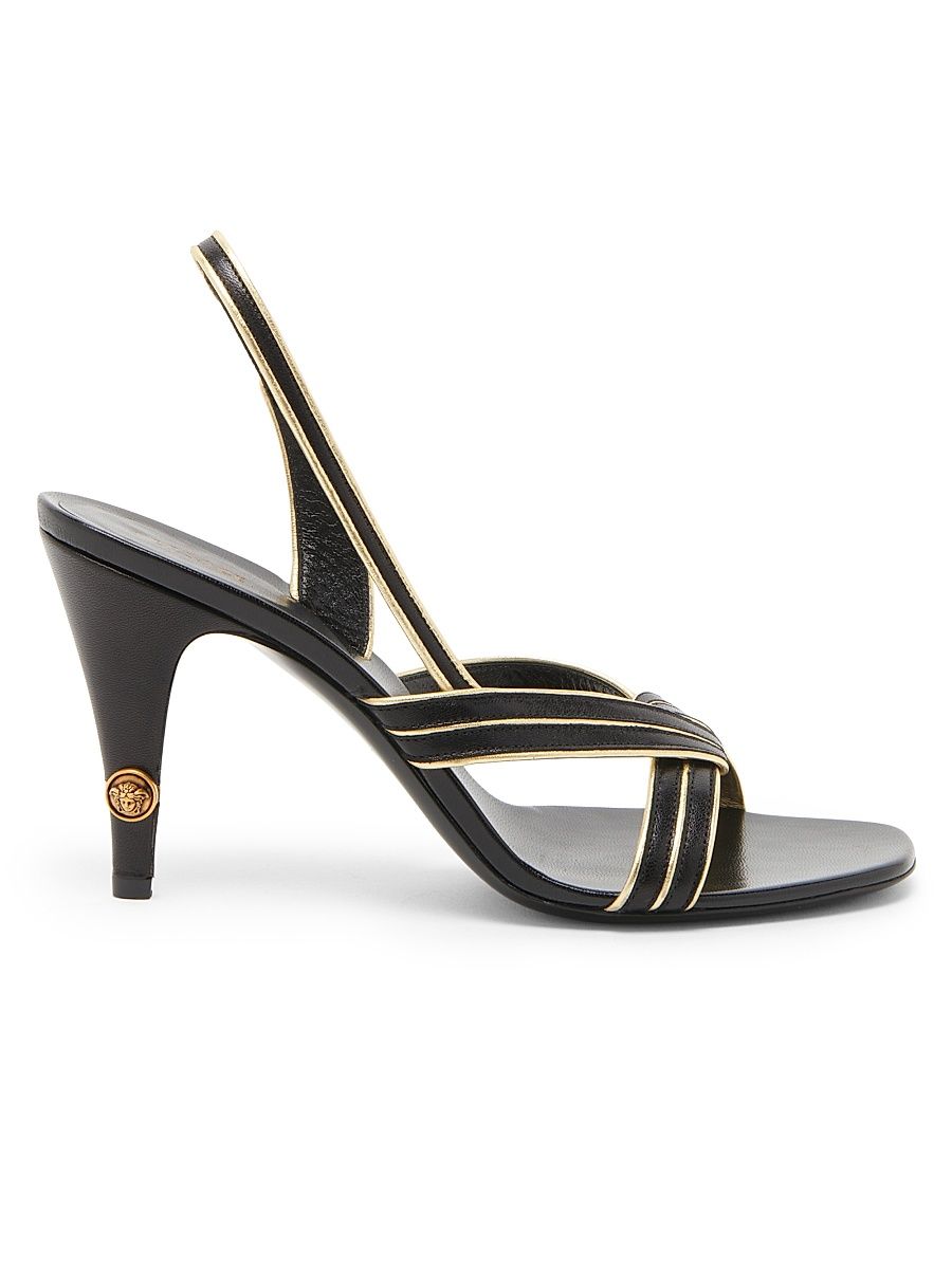 Women's 90MM Metallic-Striped Leather Slingback Sandals - Black Gold - Size 10.5