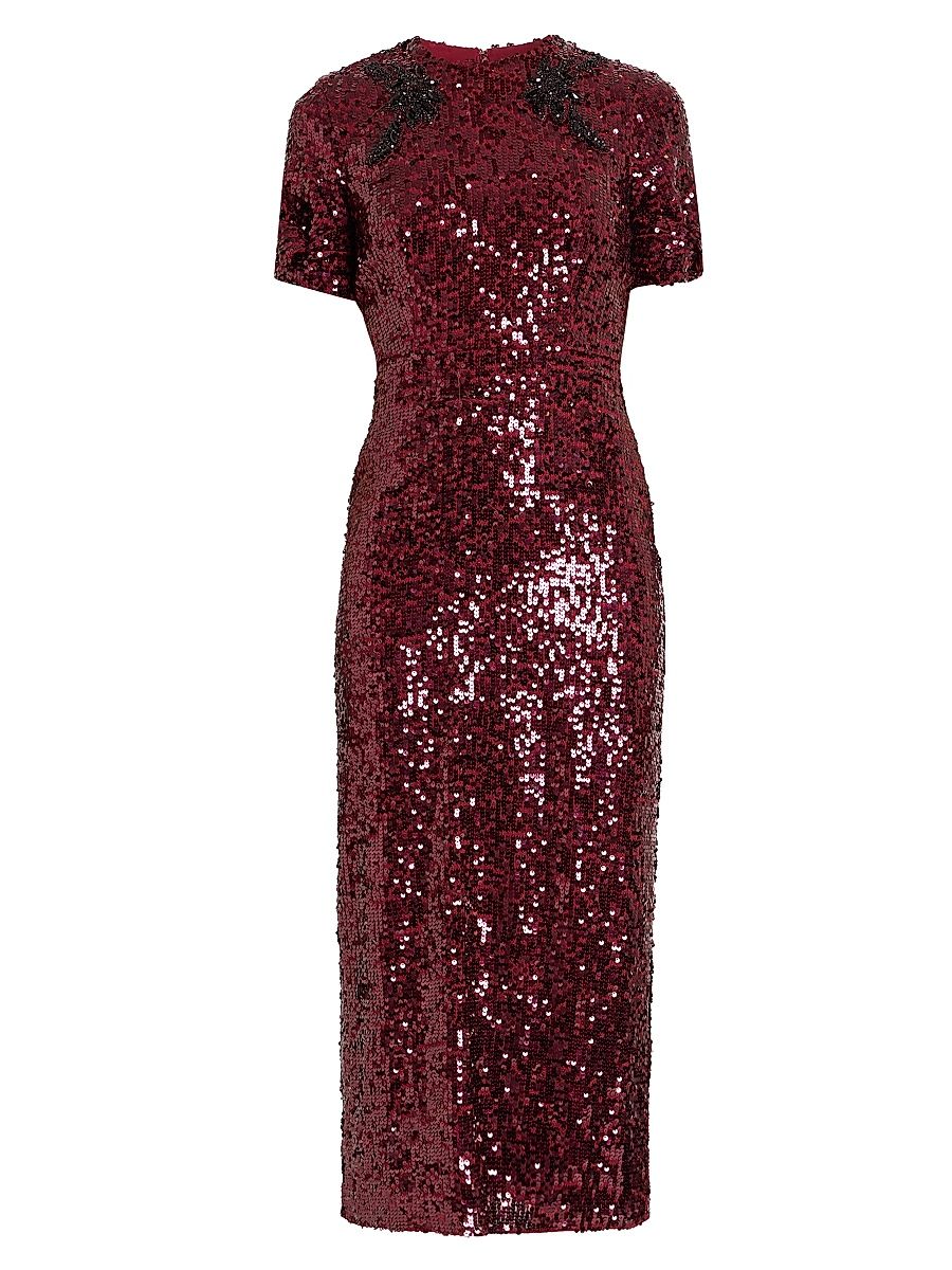 Women's Sequined Short-Sleeve Cocktail Dress - Mulberry Red - Size 10