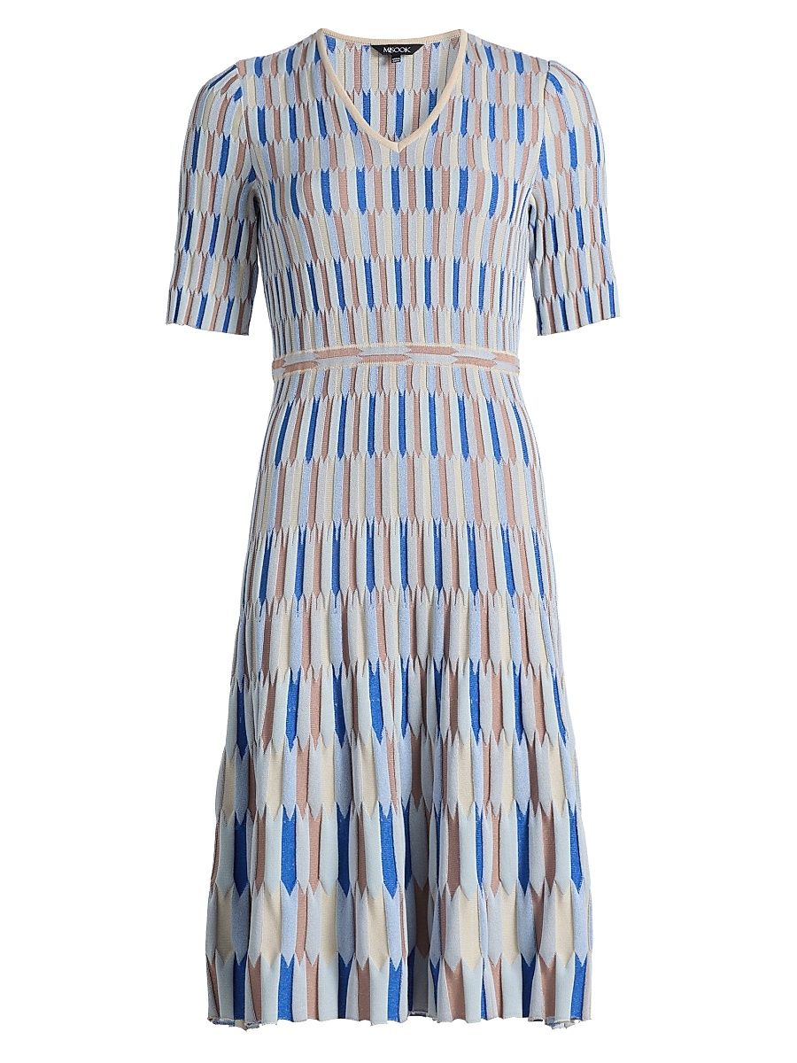 Women's Geometric Knit A-Line Midi-Dress - Biscotti Blue White Black - Size XXL