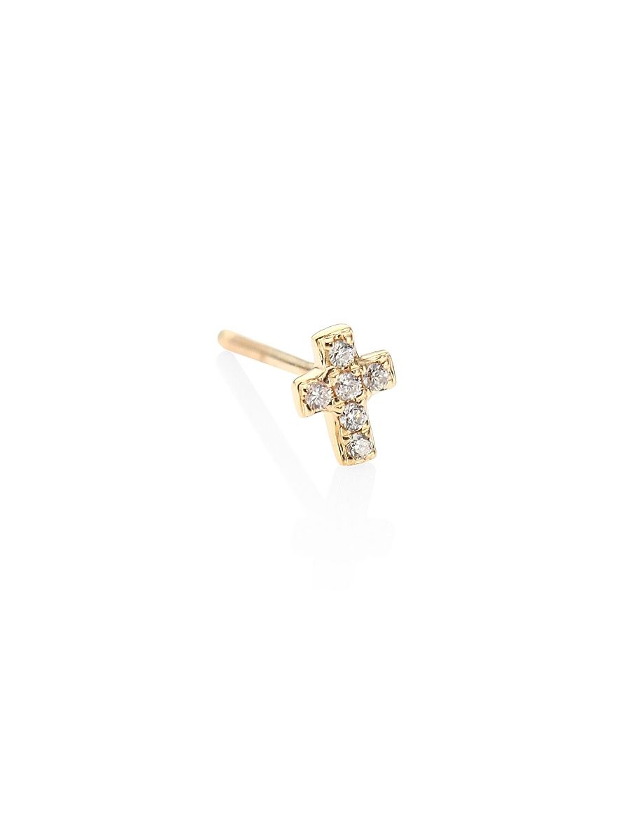 Women's Tiny 14K Yellow Gold & Pavé Diamond Cross Single Stud Earring - Yellow Gold