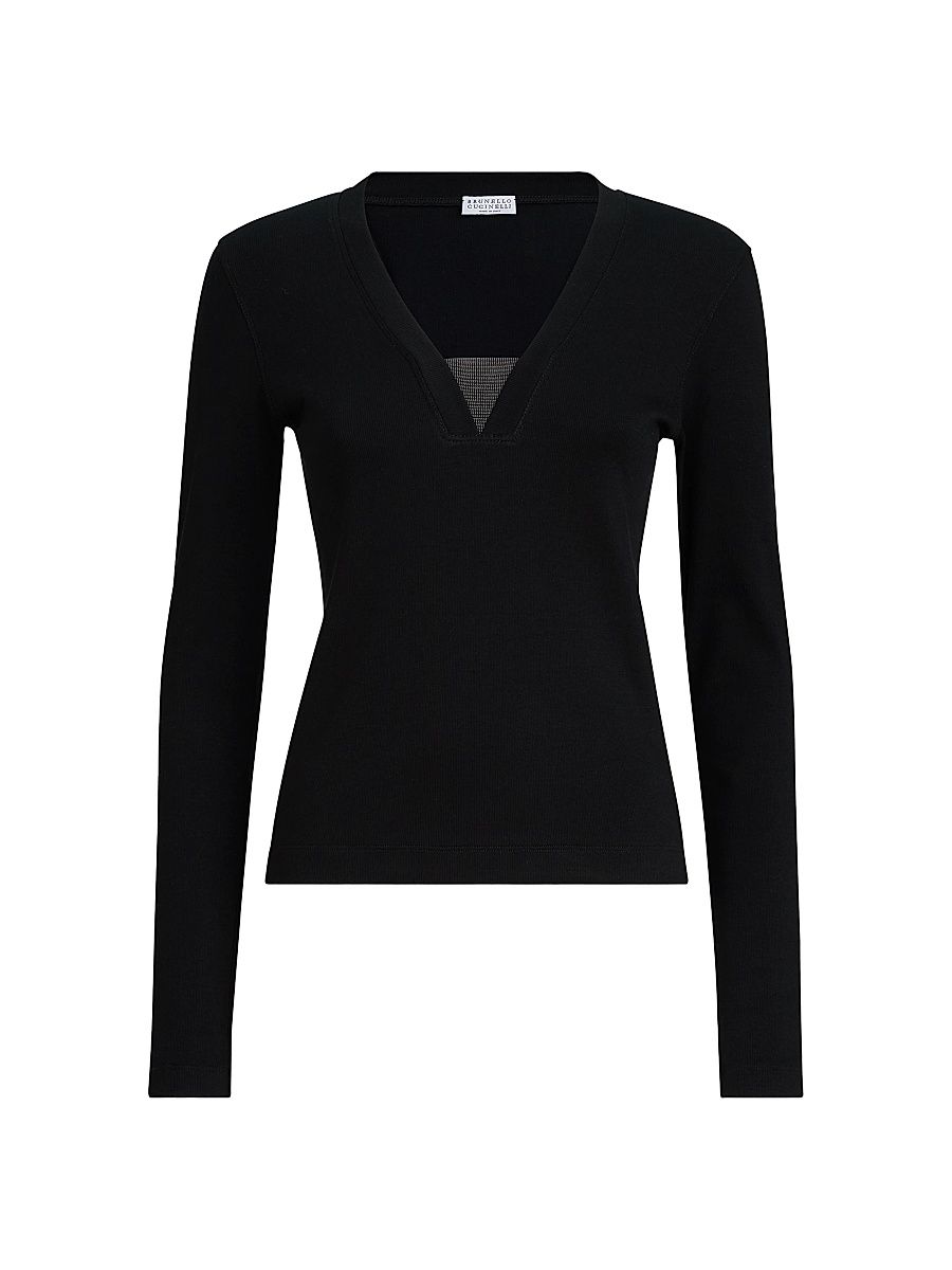 Women's Stretch Cotton Ribbed Jersey Top with Precious Insert - Black - Size XXXL