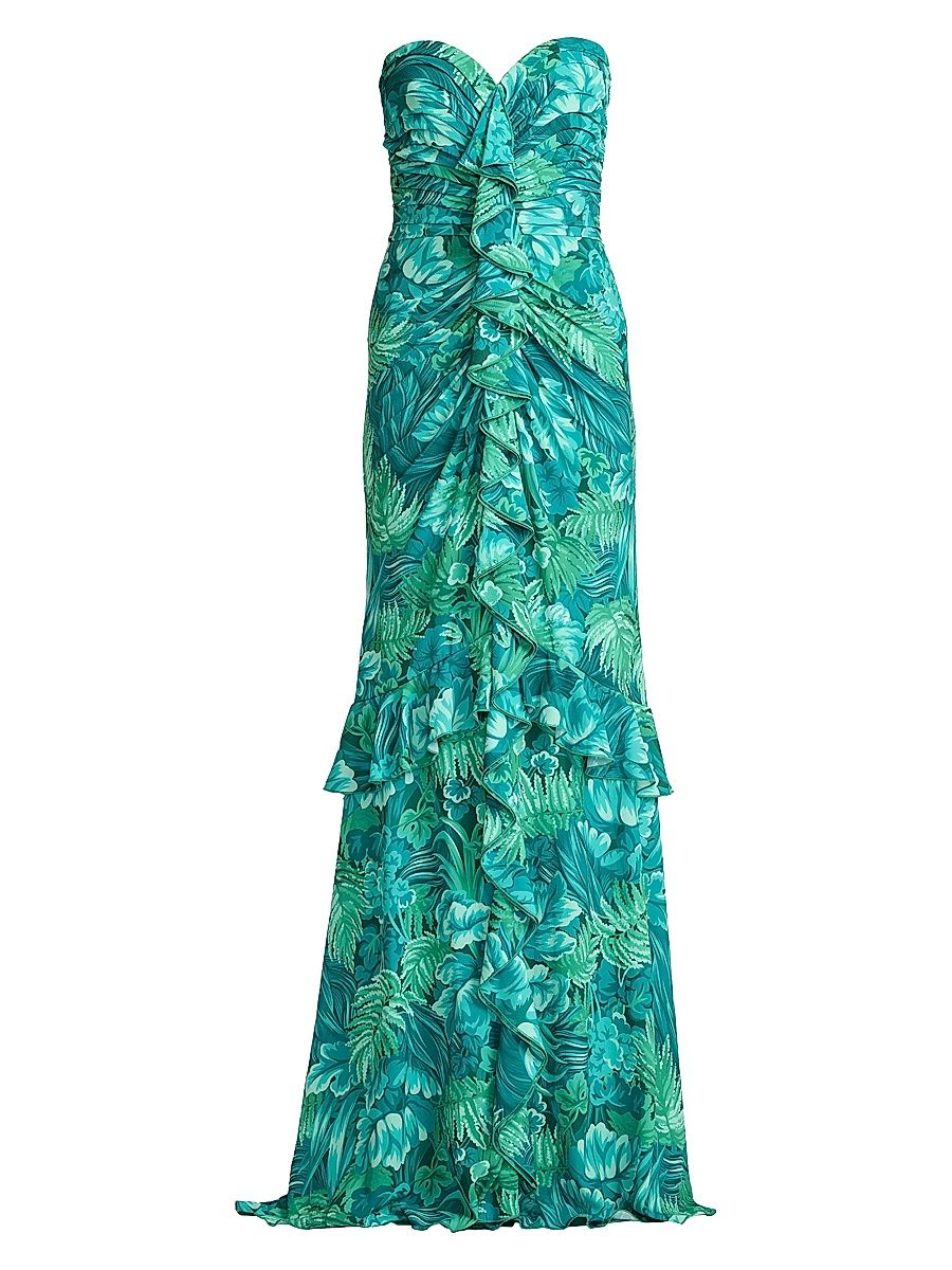 Women's Tropical Print Ruffled Strapless Gown - Emerald Green Multi - Size 14