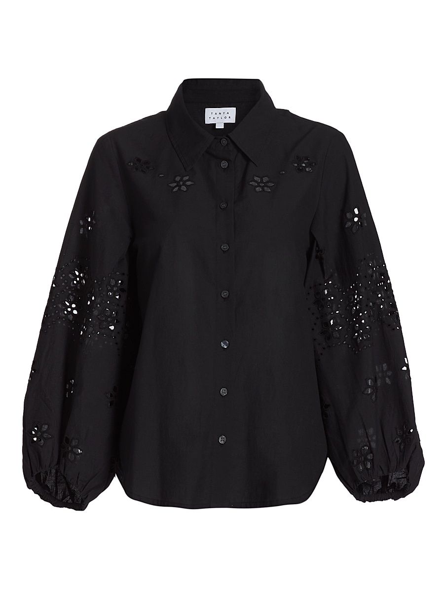 Women's Marina Eyelet Cotton Top - Black - Size Medium