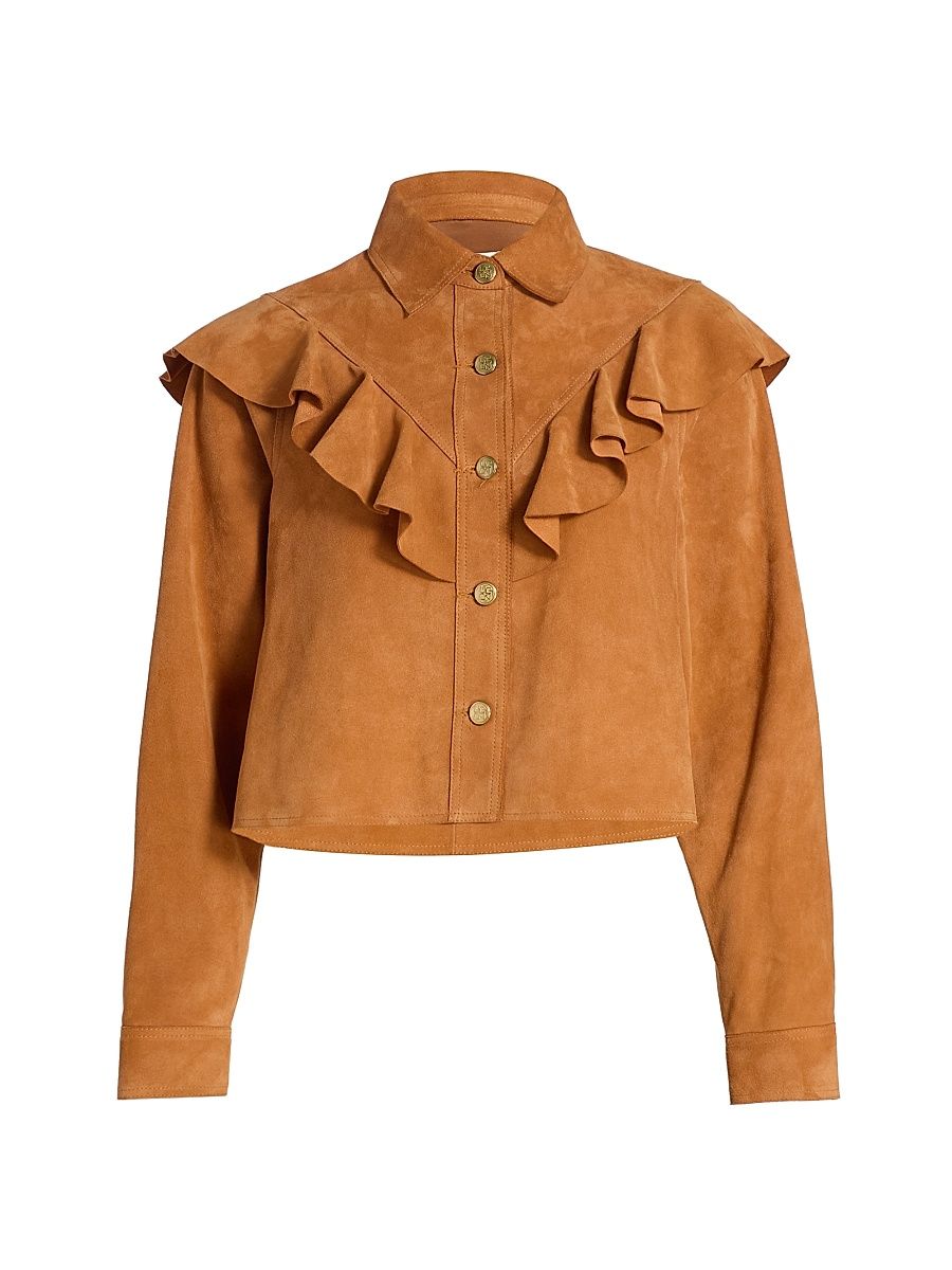 Women's Matilde Ruffle Suede Jacket - Cognac - Size Large