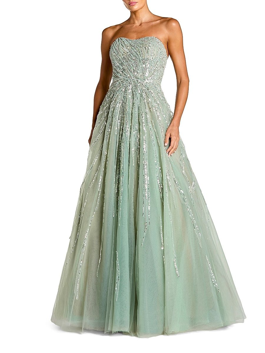 Women's Embellished Mesh Strapless Ball Gown - Seafoam - Size 14