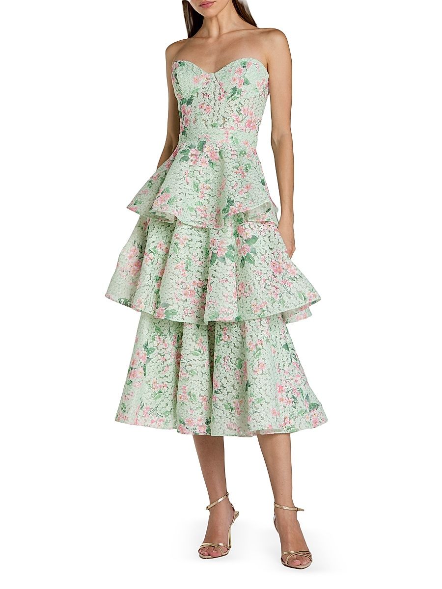 Women's Floral Net Tiered Strapless Midi-Dress - Mint Multi - Size 14