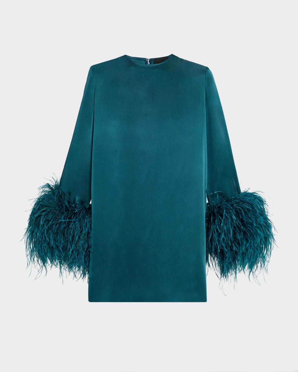 Satin Feather-Cuff Shift Dress